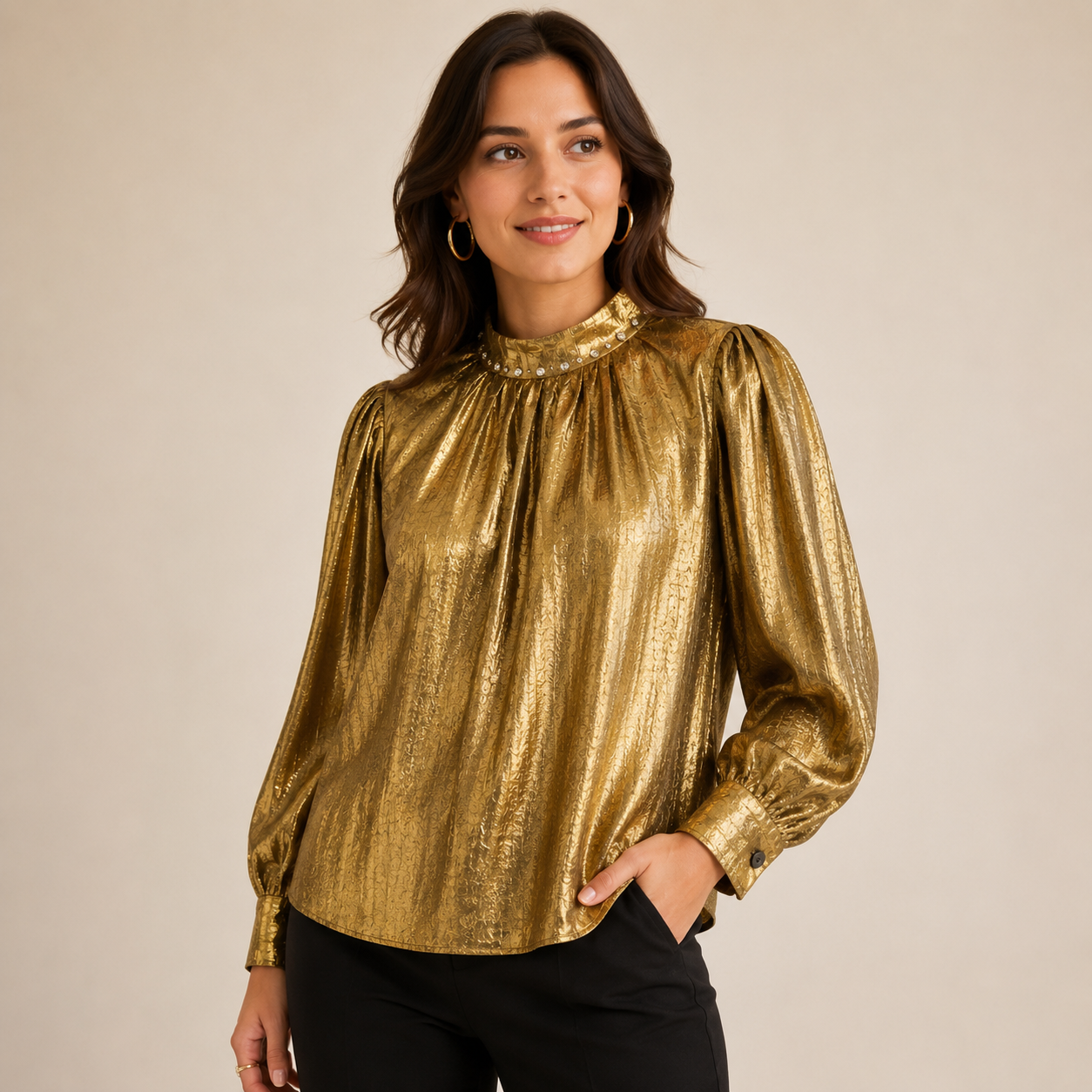 Mad Love Women’s Metallic Gold Party Wear Top | Premium Shimmer Full Sleeve Designer Shirt | Elegant Stylish Western Wear Fashion Top for Women