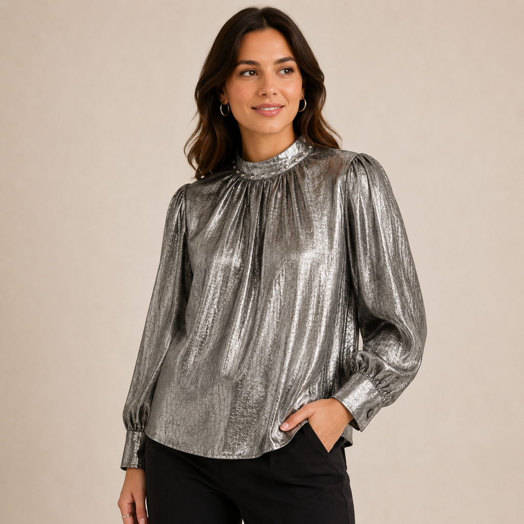 Women’s Silver Shimmer Top for Women | Premium Party Wear Full Sleeve Stylish Designer Western Fashion Shirt for Women