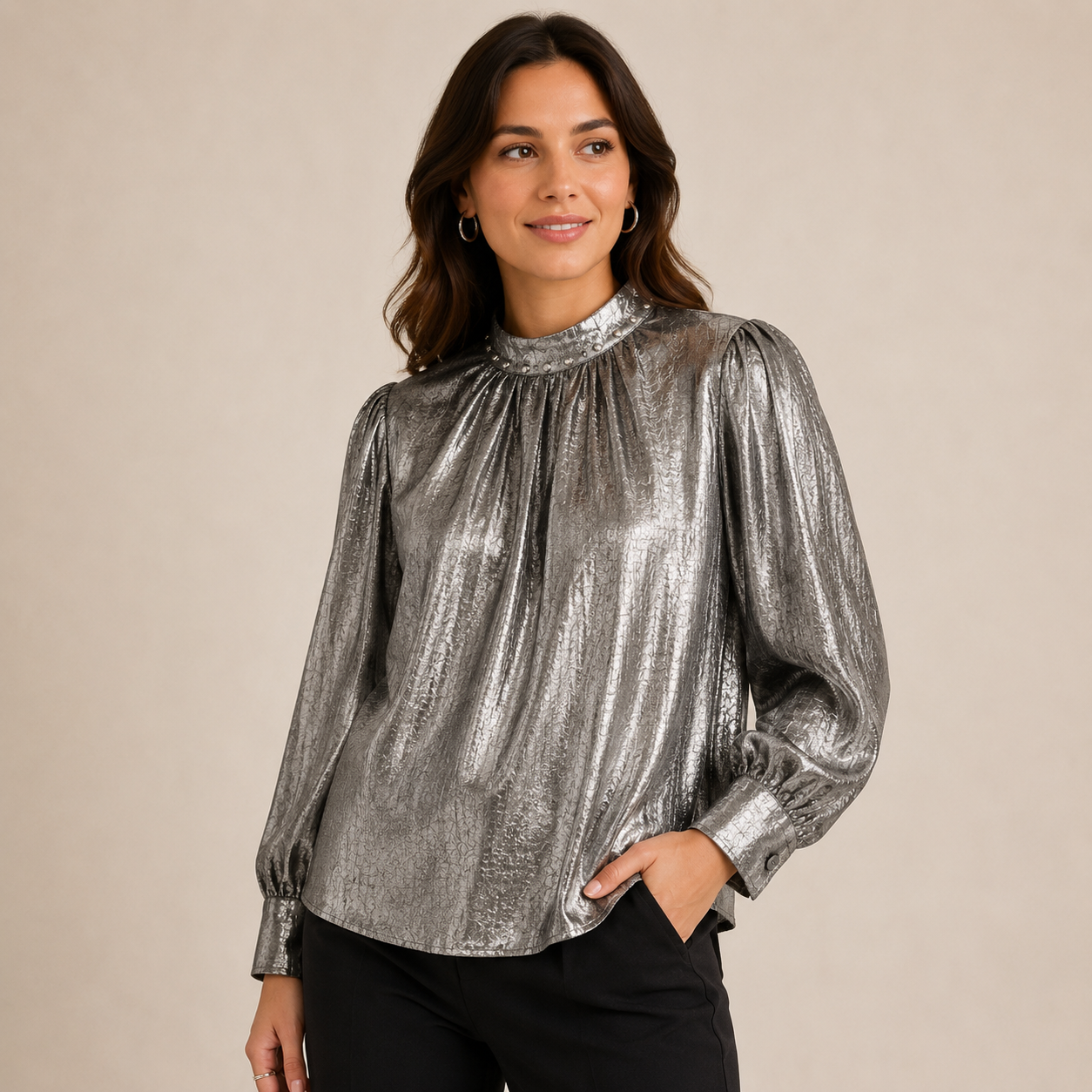 Women’s Silver Shimmer Top for Women | Premium Party Wear Full Sleeve Stylish Designer Western Fashion Shirt for Women