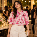 Mad Love Women’s Floral Printed Puff Sleeve Shirt | Elegant Pearl Embellished Collar Top | Stylish Casual Party Wear Western Shirt for Women