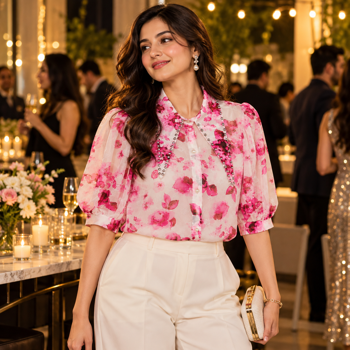 Mad Love Women’s Floral Printed Puff Sleeve Shirt | Elegant Pearl Embellished Collar Top | Stylish Casual Party Wear Western Shirt for Women