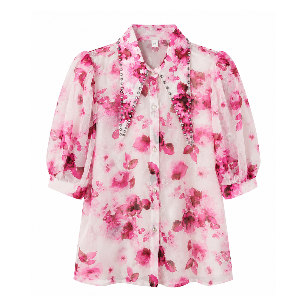 Mad Love Women’s Floral Printed Puff Sleeve Shirt | Elegant Pearl Embellished Collar Top | Stylish Casual Party Wear Western Shirt for Women