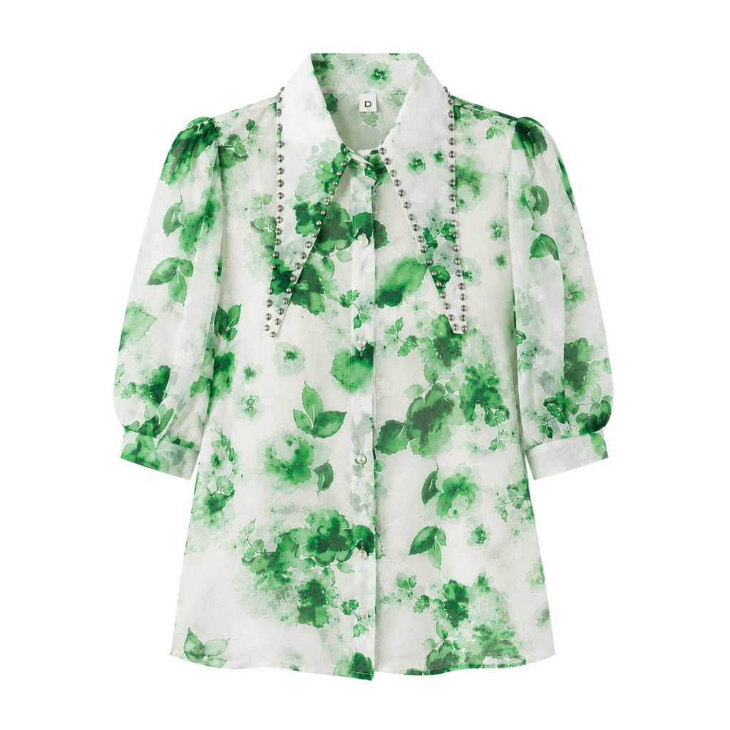 Mad Love Women’s Floral Printed Puff Sleeve Shirt | Elegant Pearl Embellished Collar Top | Stylish Casual Party Wear Western Shirt for Women