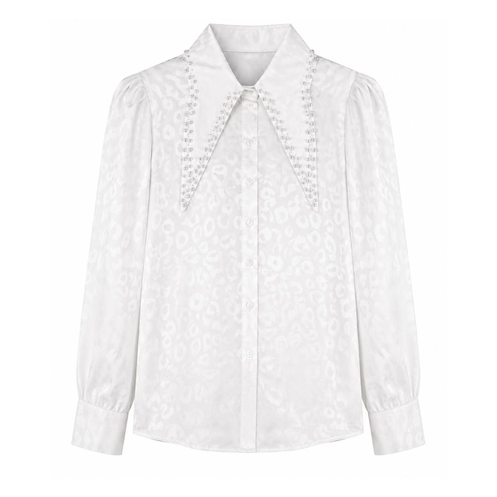 Mad Love Women’s Premium Satin Printed Shirt | Pearl Embellished Collar Full Sleeve Top | Elegant Casual Party Wear Stylish Western Shirt for Women