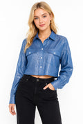 Mad Love Women’s Shiny Crop Shirt | Full Sleeve Button Down Cropped Shirt with Collar & Dual Chest Pockets | Stylish Casual Party Wear Top for Women & Girls | Trendy Fashion Shirt