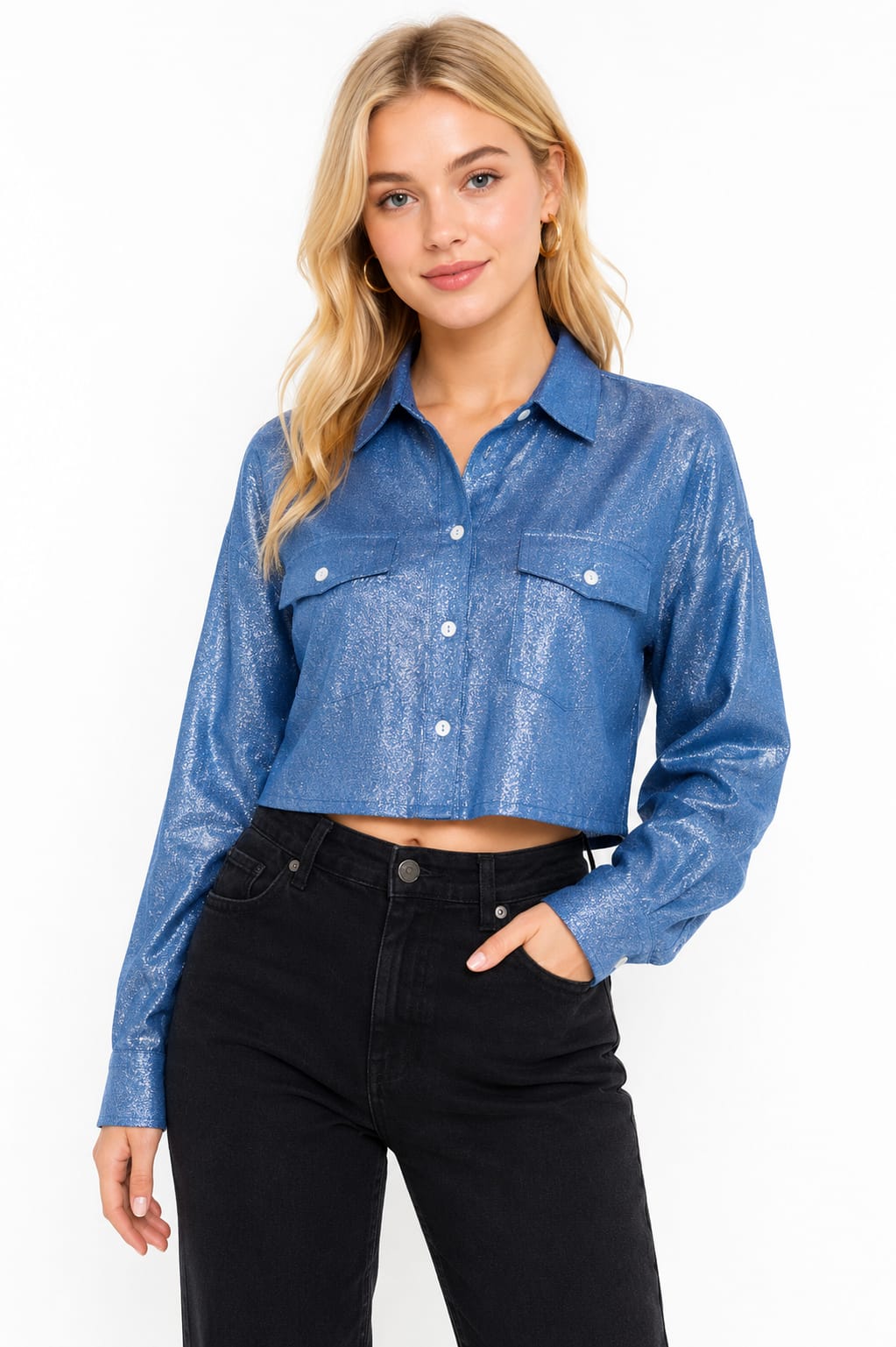 Mad Love Women’s Shiny Crop Shirt | Full Sleeve Button Down Cropped Shirt with Collar & Dual Chest Pockets | Stylish Casual Party Wear Top for Women & Girls | Trendy Fashion Shirt
