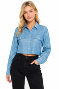 Mad Love Women’s Shiny Crop Shirt | Full Sleeve Button Down Cropped Shirt with Collar & Dual Chest Pockets | Stylish Casual Party Wear Top for Women & Girls | Trendy Fashion Shirt