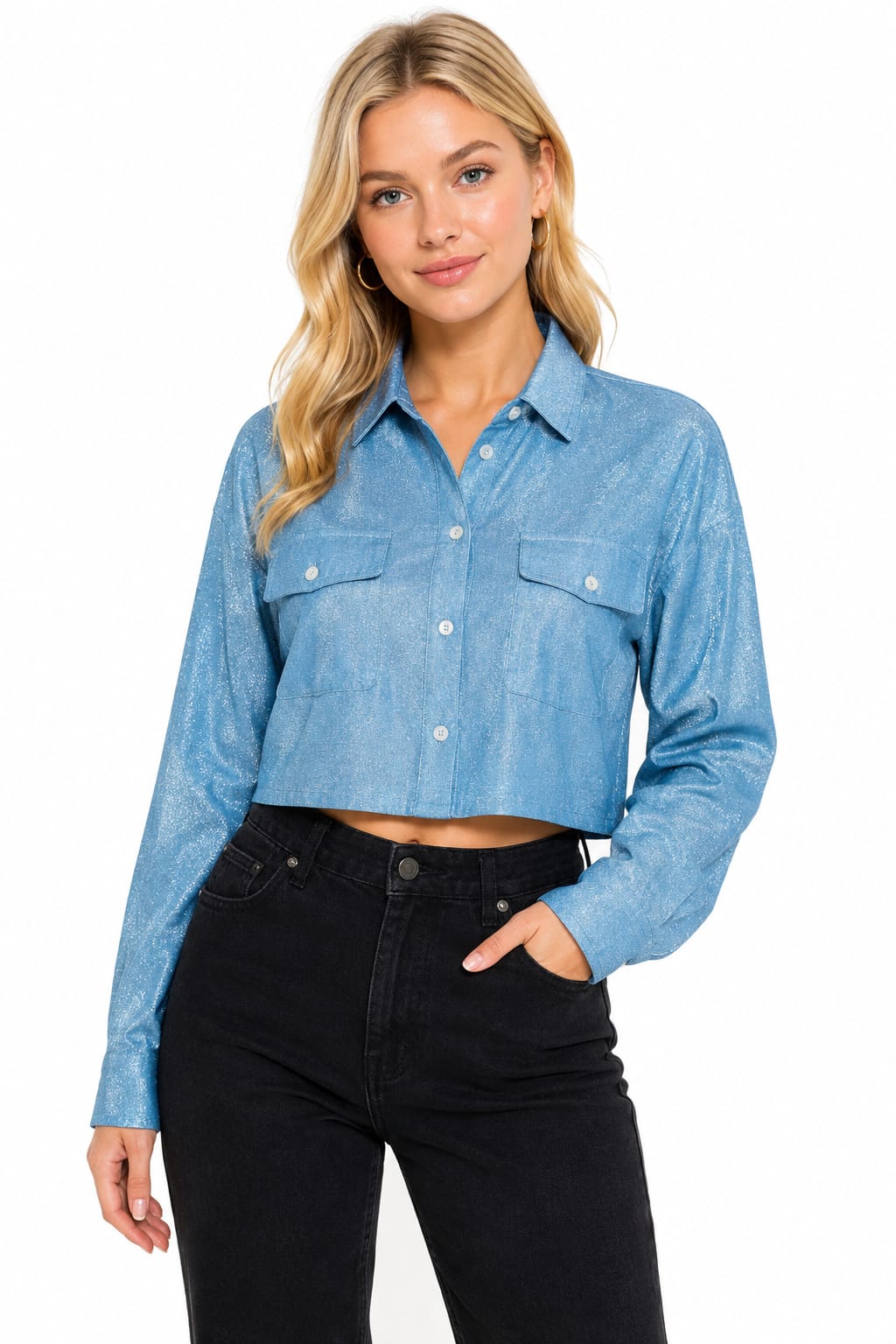 Mad Love Women’s Shiny Crop Shirt | Full Sleeve Button Down Cropped Shirt with Collar & Dual Chest Pockets | Stylish Casual Party Wear Top for Women & Girls | Trendy Fashion Shirt