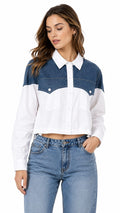 Mad Love Women's Cropped Denim Shirt | White & Blue Color Block Full Sleeve Button Down Casual Western Shirt with Collared Neck, Front Pockets, Adjustable Drawstring Hem for Women & Girls