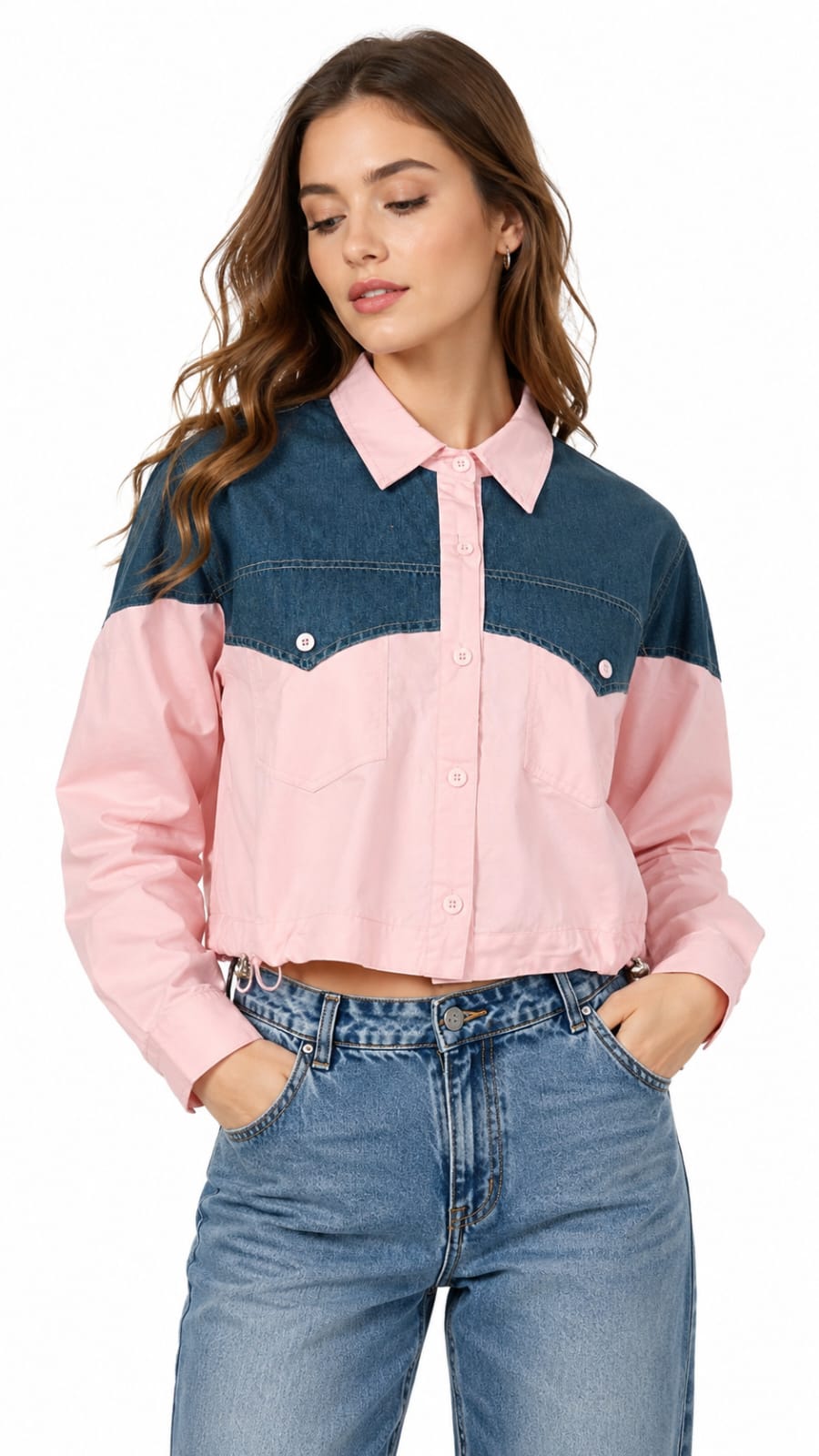 Mad Love Women's Cropped Denim Shirt | Pink & Blue Color Block Full Sleeve Button Down Casual Western Shirt with Collared Neck, Front Pockets, Adjustable Drawstring Hem for Women & Girls