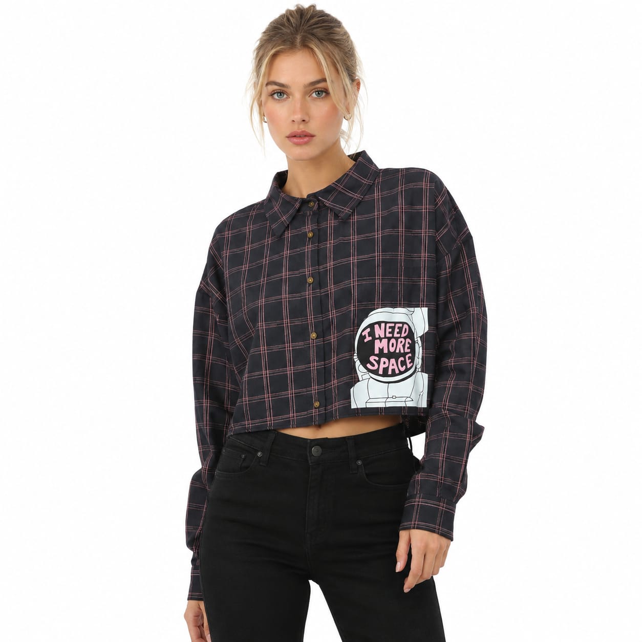 Mad Love Women’s Cropped Shirt | Stylish Grey Plaid Checkered Button Down Shirt with Long Sleeves, Collared Neck, Front Buttons & “I Need More Space” Graphic Print | Trendy Casual Crop Top for Women