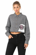 Mad Love Women’s Cropped Shirt | Stylish Grey Plaid Checkered Button Down Shirt with Long Sleeves, Collared Neck, Front Buttons & “I Need More Space” Graphic Print | Trendy Casual Crop Top for Women