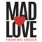 Logo with 'MAD LOVE' text and a red heart on a white background