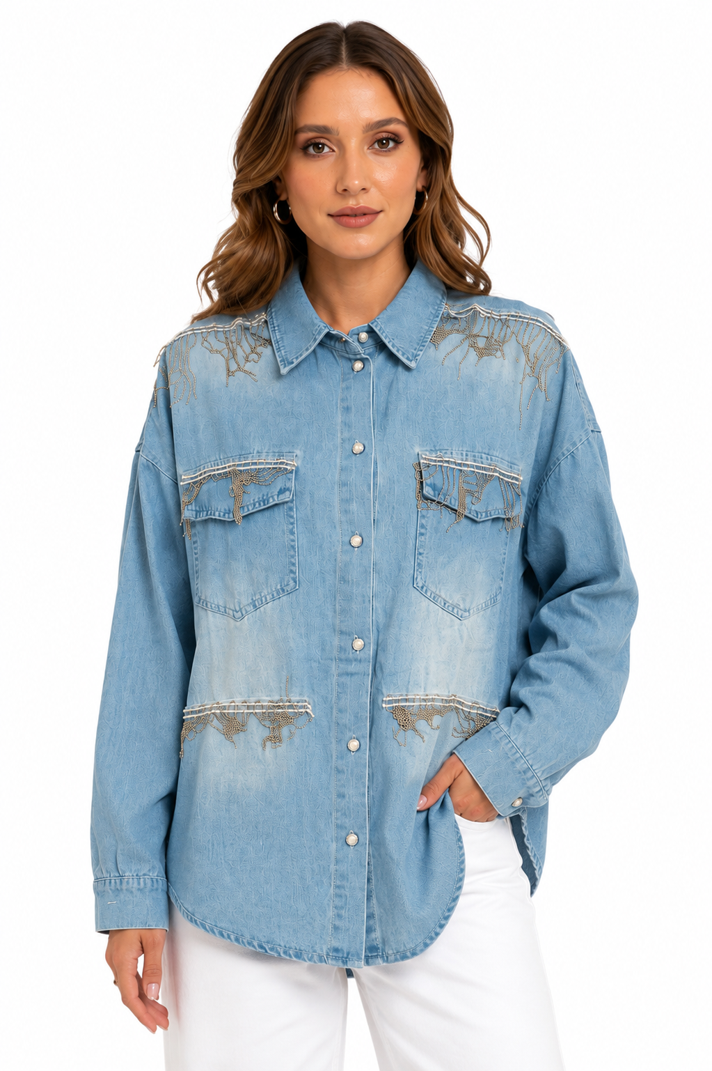 Mad Love Women’s Oversized Light Blue Denim Shirt | Stylish Full Sleeve Button Down Shirt with Pearl Buttons, Chest Pockets & Silver Chain Embellishment | Trendy Casual Fashion Shirt for Women