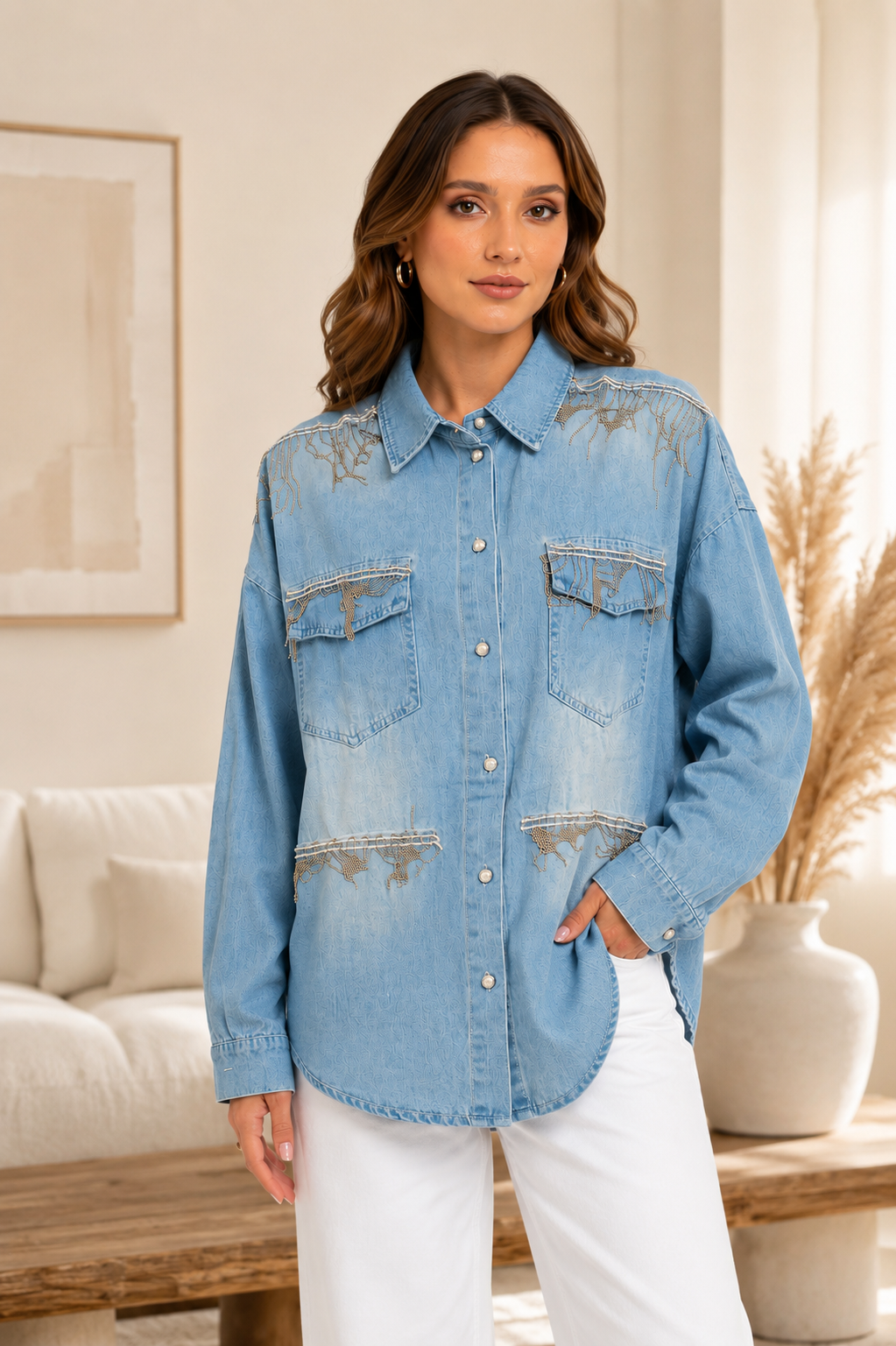 Mad Love Women’s Oversized Light Blue Denim Shirt | Stylish Full Sleeve Button Down Shirt with Pearl Buttons, Chest Pockets & Silver Chain Embellishment | Trendy Casual Fashion Shirt for Women