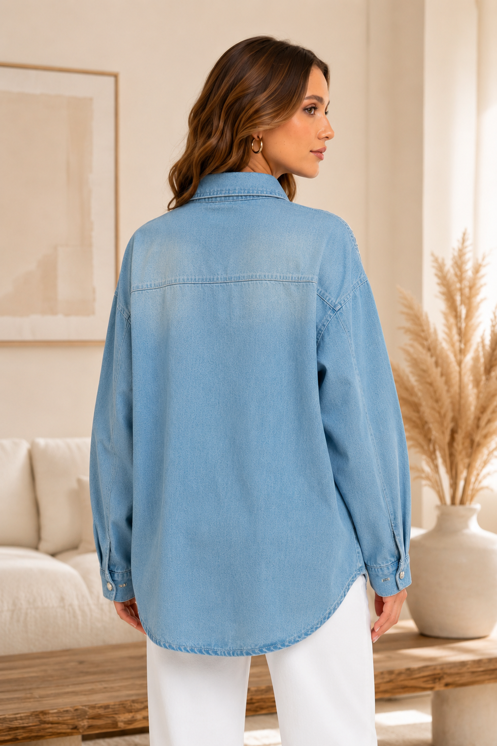 Mad Love Women’s Oversized Light Blue Denim Shirt | Stylish Full Sleeve Button Down Shirt with Pearl Buttons, Chest Pockets & Silver Chain Embellishment | Trendy Casual Fashion Shirt for Women