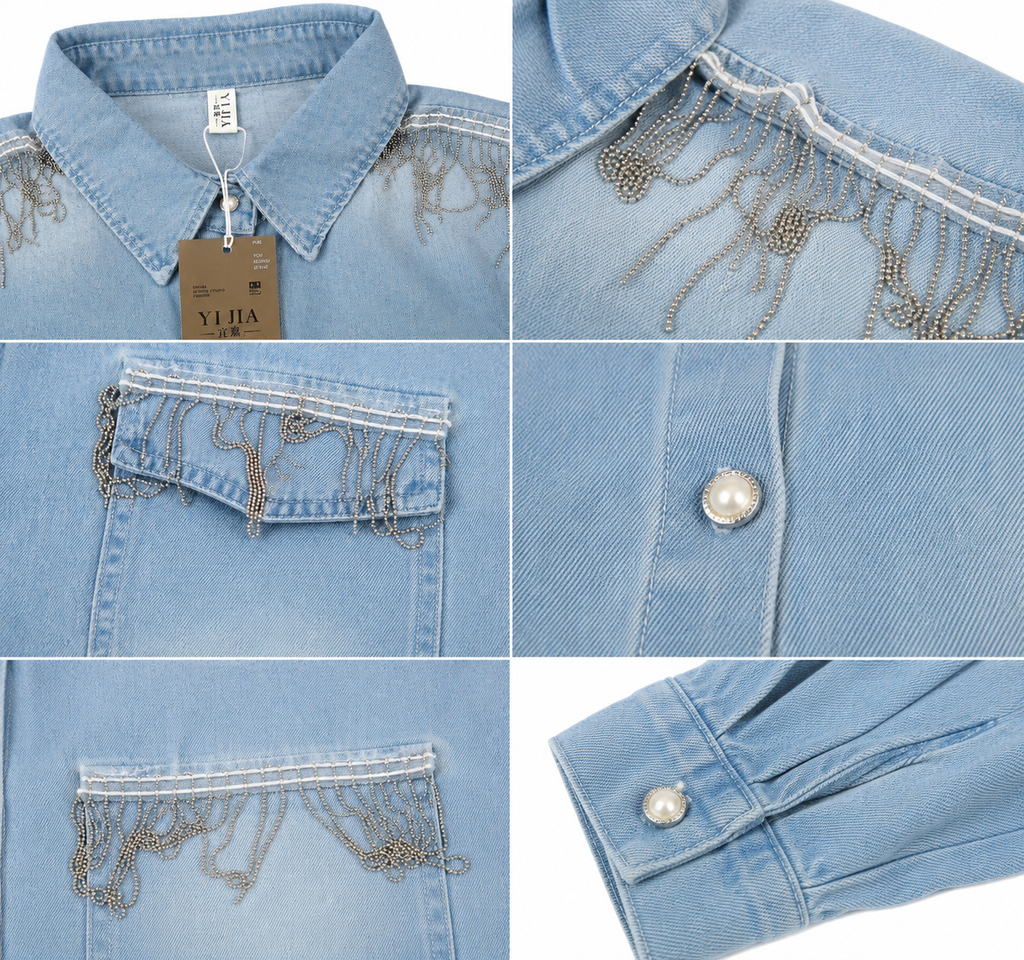 Mad Love Women’s Oversized Light Blue Denim Shirt | Stylish Full Sleeve Button Down Shirt with Pearl Buttons, Chest Pockets & Silver Chain Embellishment | Trendy Casual Fashion Shirt for Women