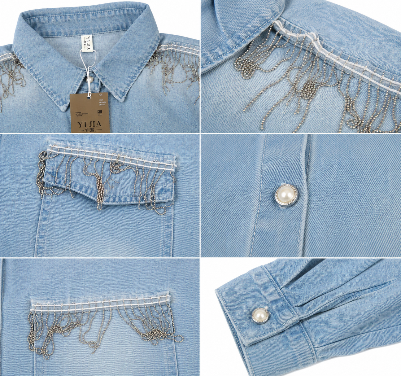 Mad Love Women’s Oversized Light Blue Denim Shirt | Stylish Full Sleeve Button Down Shirt with Pearl Buttons, Chest Pockets & Silver Chain Embellishment | Trendy Casual Fashion Shirt for Women