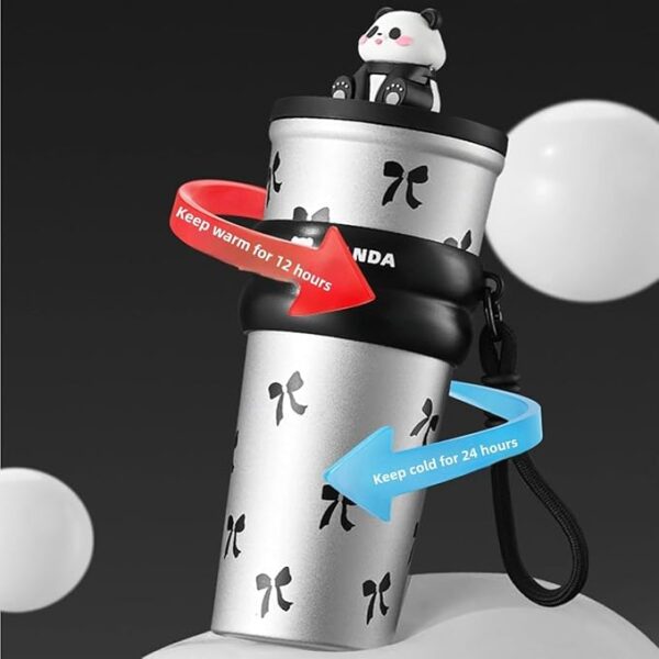 Madlove Panda Water Bottle (700ML)| Leakproof Cute Cherry Design, Portable & Reusable Water Bottle for School, Travel, and Office - Black - Image 4