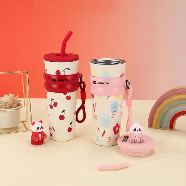 DailyAlley Panda Water Bottle (700ML)| Leakproof Cute Cherry Design, Portable & Reusable Water Bottle for School, Travel, and Office - Pink