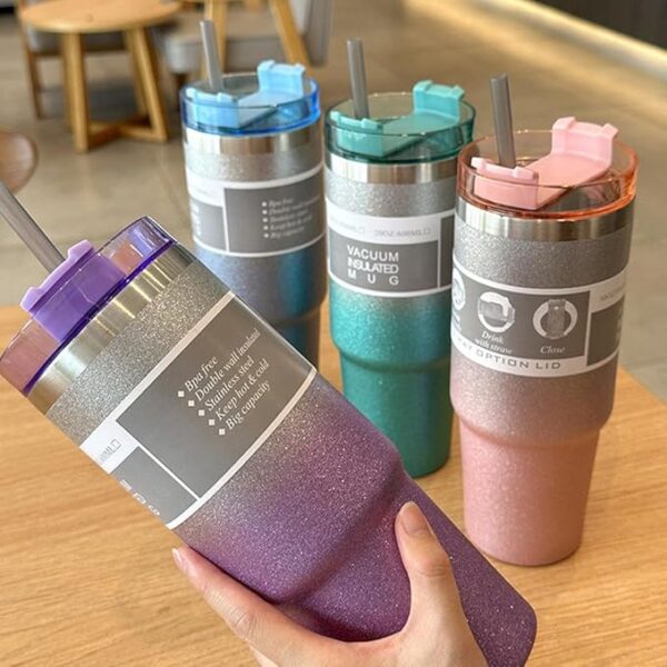 Madlove 600ml Sparkling Stainless Steel Coffee Mug | Vacuum Insulated Tumbler with Straw & 3-Way Lid | Hot & Cold Travel Mug for Office, Gym, Car, or Home Use (Purple) - Image 2