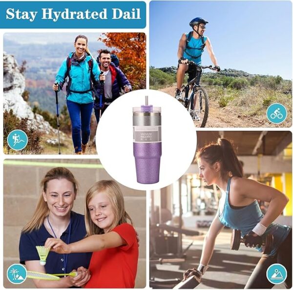 Madlove 600ml Sparkling Stainless Steel Coffee Mug | Vacuum Insulated Tumbler with Straw & 3-Way Lid | Hot & Cold Travel Mug for Office, Gym, Car, or Home Use (Purple) - Image 4